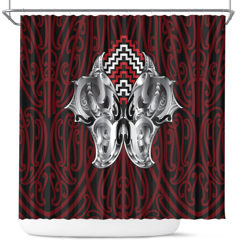 Aotearoa Kowhaiwhai Poutama Red Motif Shower Curtain
