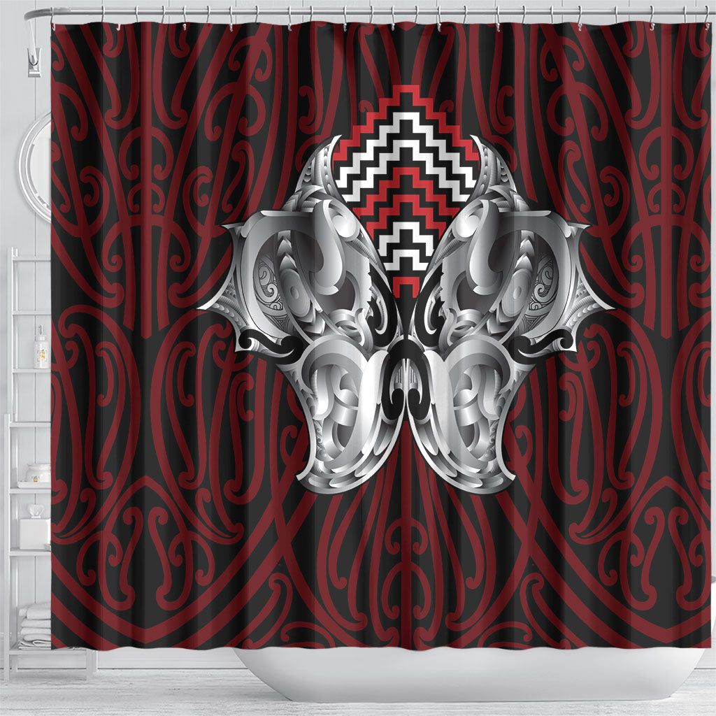 Aotearoa Kowhaiwhai Poutama Red Motif Shower Curtain