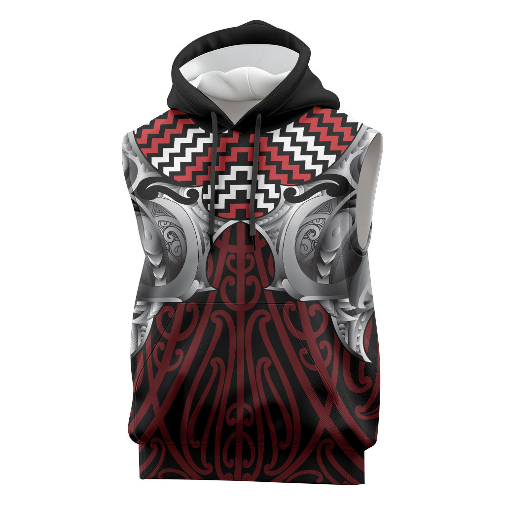 Aotearoa Kowhaiwhai Poutama Red Motif Sleeveless Hoodie