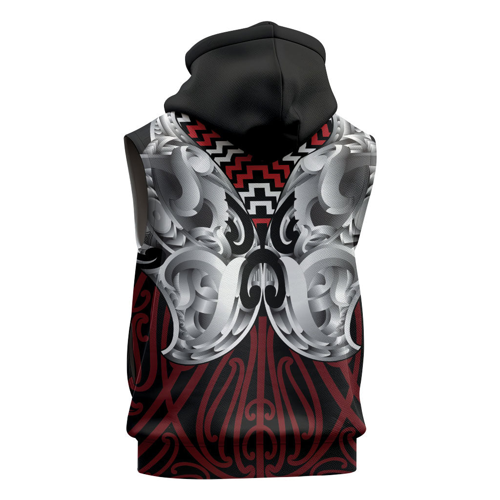 Aotearoa Kowhaiwhai Poutama Red Motif Sleeveless Hoodie