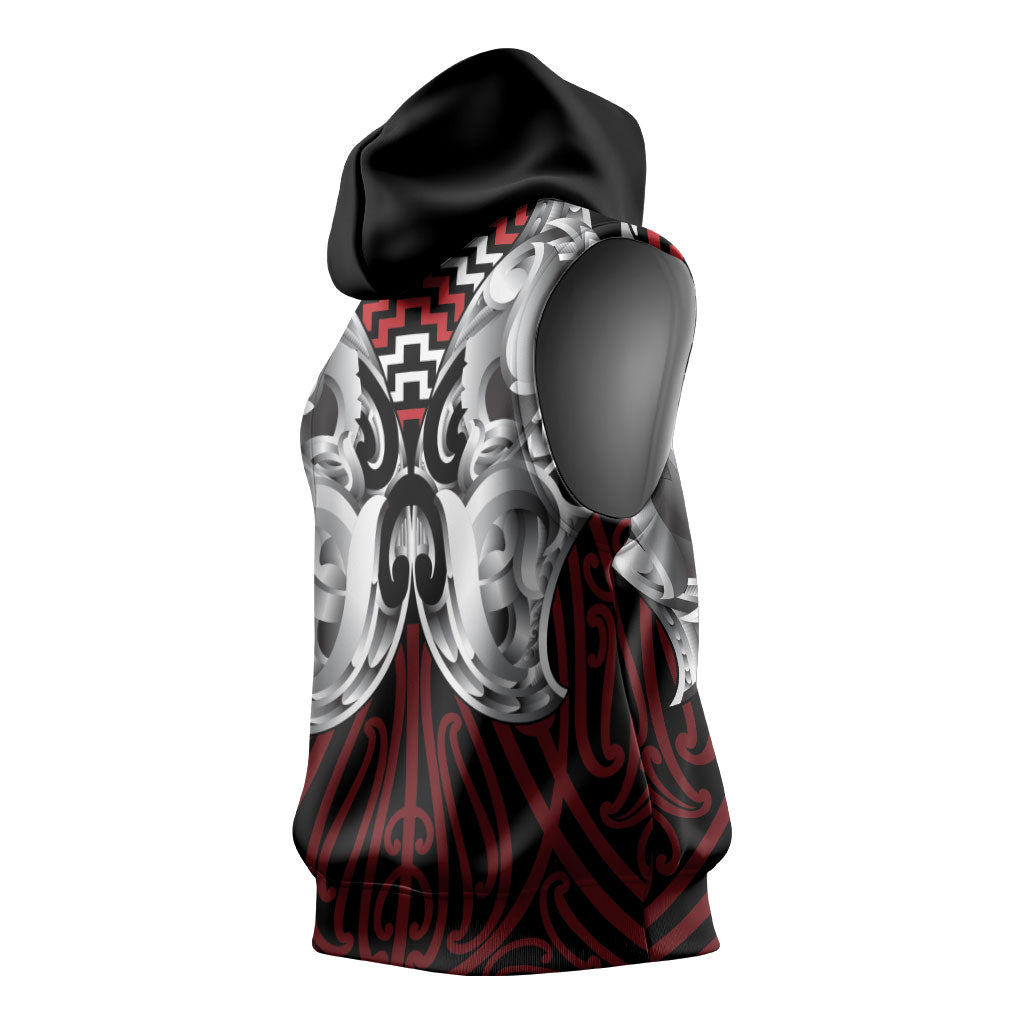 Aotearoa Kowhaiwhai Poutama Red Motif Sleeveless Hoodie