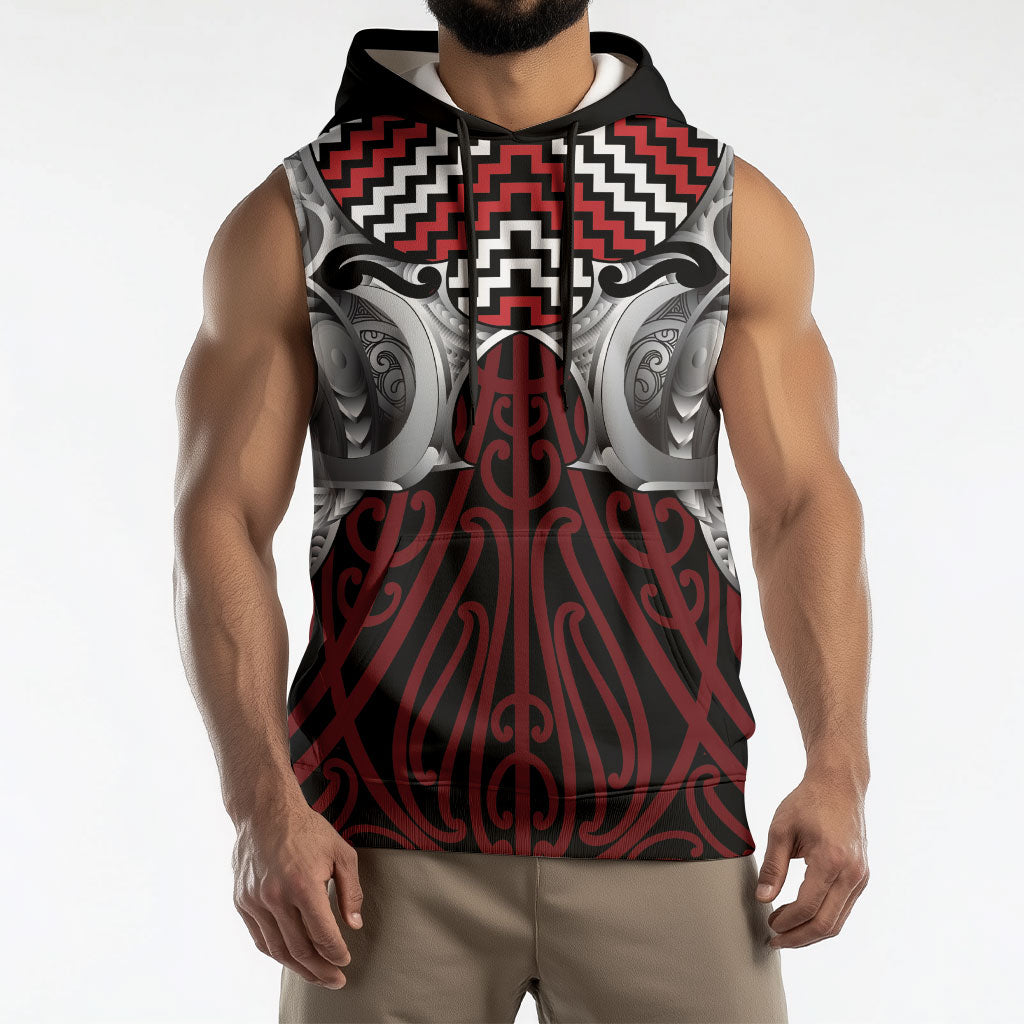 Aotearoa Kowhaiwhai Poutama Red Motif Sleeveless Hoodie