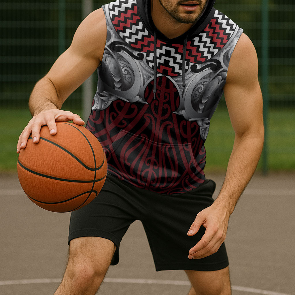 Aotearoa Kowhaiwhai Poutama Red Motif Sleeveless Hoodie