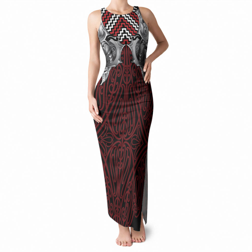 Aotearoa Kowhaiwhai Poutama Red Motif Tank Maxi Dress