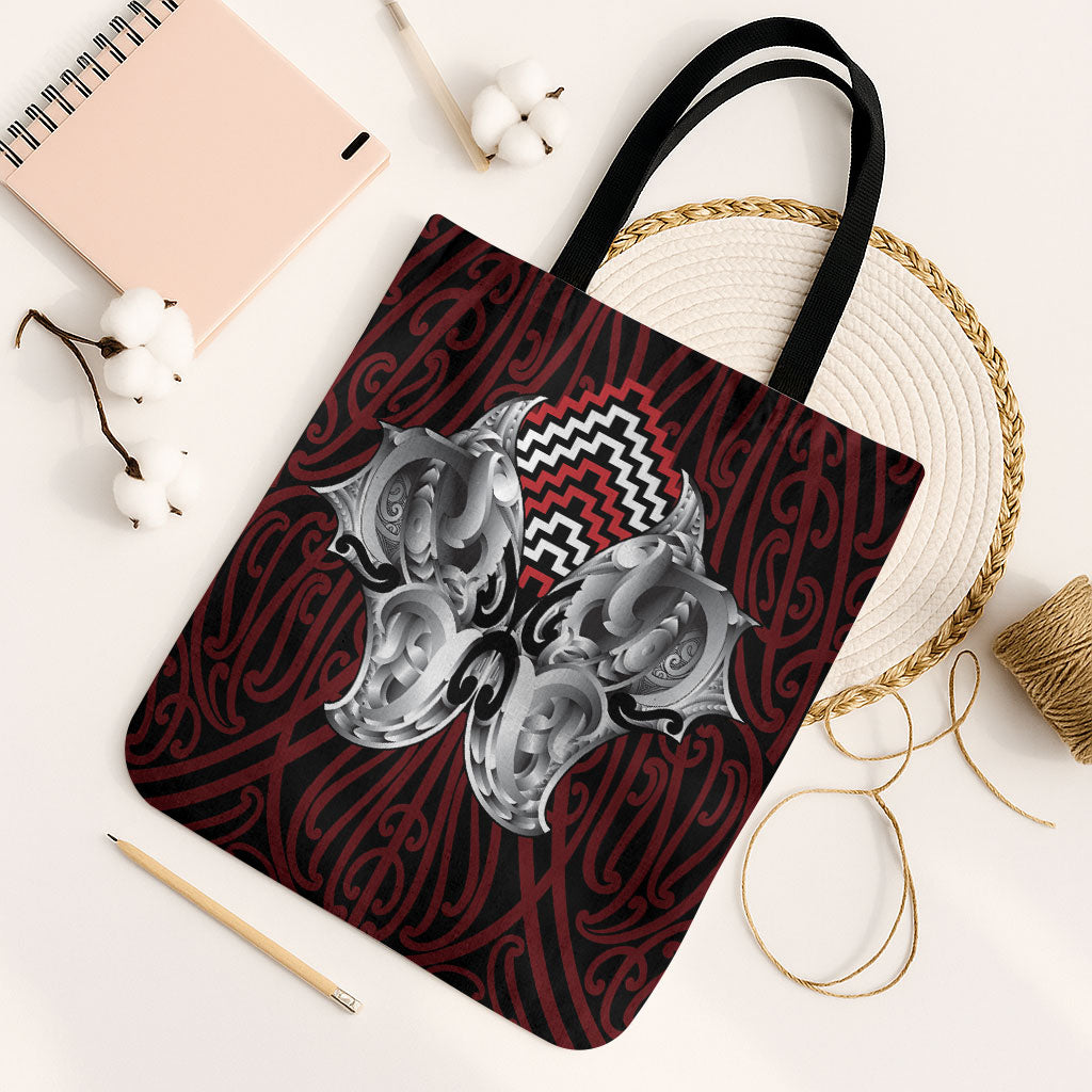Aotearoa Kowhaiwhai Poutama Red Motif Tote Bag