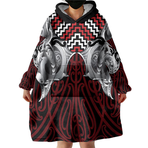 Aotearoa Kowhaiwhai Poutama Red Motif Wearable Blanket Hoodie