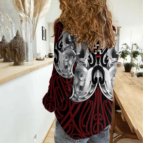 Aotearoa Kowhaiwhai Poutama Red Motif Women Casual Shirt