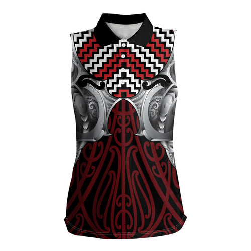 Aotearoa Kowhaiwhai Poutama Red Motif Women Sleeveless Polo Shirt
