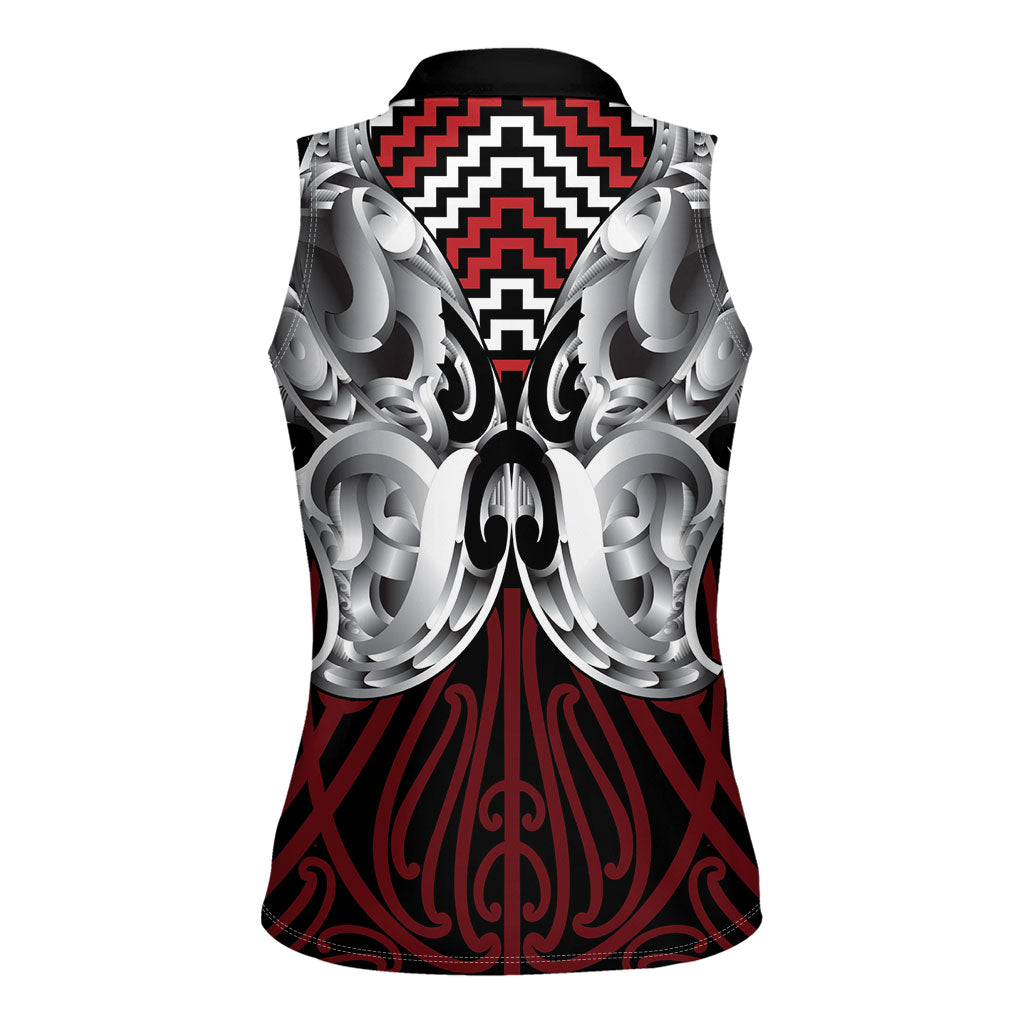 Aotearoa Kowhaiwhai Poutama Red Motif Women Sleeveless Polo Shirt