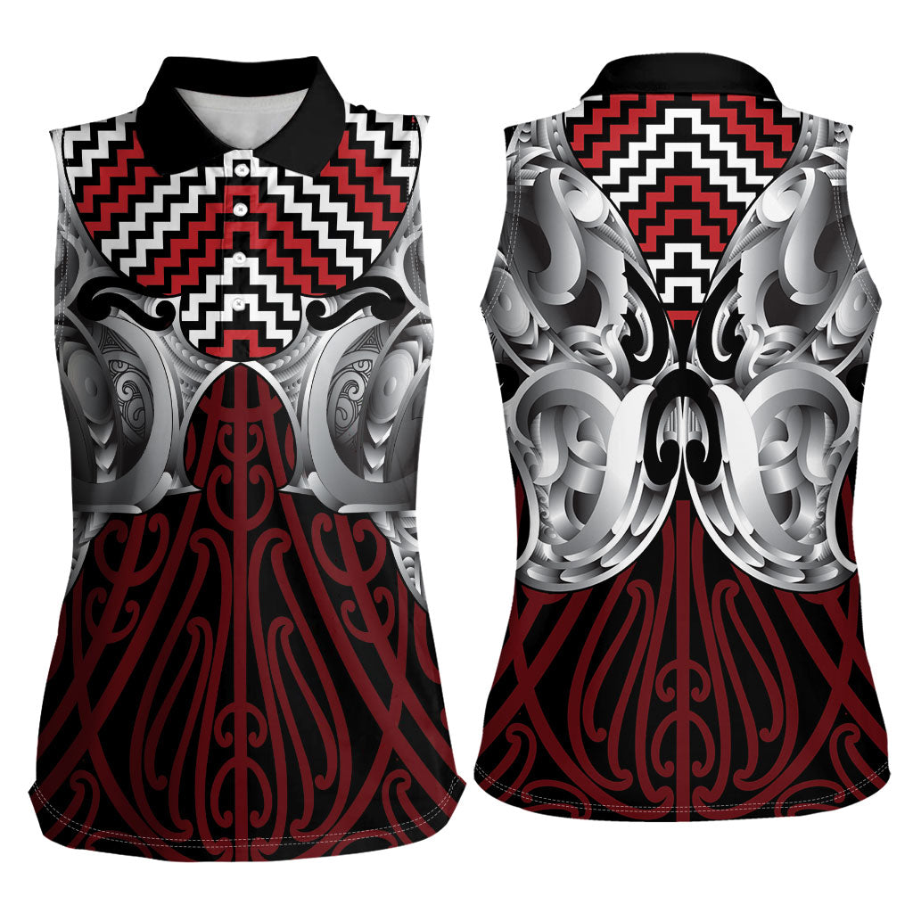 Aotearoa Kowhaiwhai Poutama Red Motif Women Sleeveless Polo Shirt