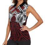 Aotearoa Kowhaiwhai Poutama Red Motif Women Sleeveless Polo Shirt