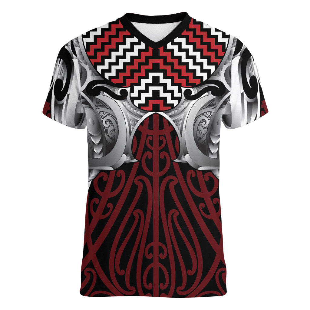Aotearoa Kowhaiwhai Poutama Red Motif Women V-Neck T-Shirt