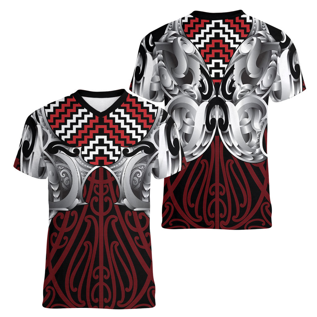 Aotearoa Kowhaiwhai Poutama Red Motif Women V-Neck T-Shirt