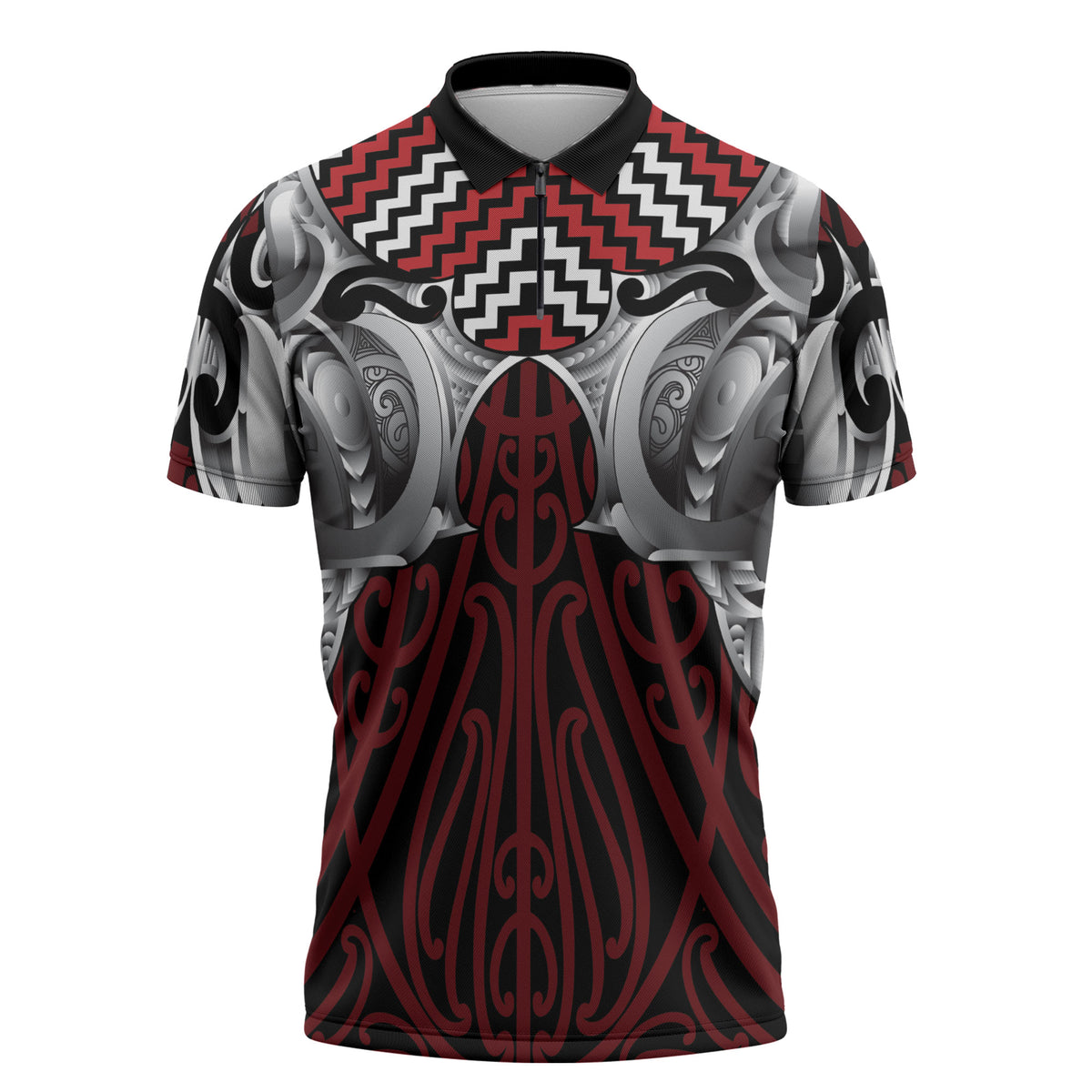 Aotearoa Kowhaiwhai Poutama Red Motif Zipper Polo Shirt