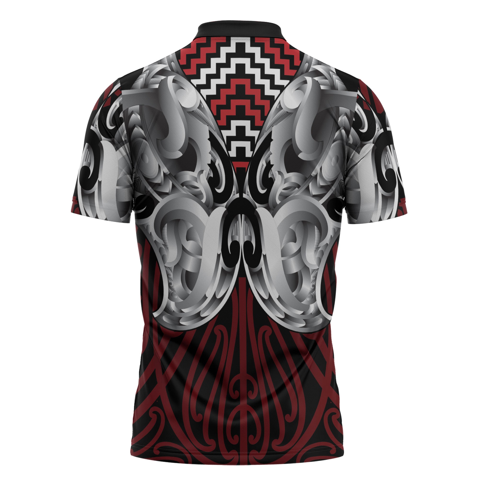 Aotearoa Kowhaiwhai Poutama Red Motif Zipper Polo Shirt