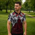 Aotearoa Kowhaiwhai Poutama Red Motif Zipper Polo Shirt