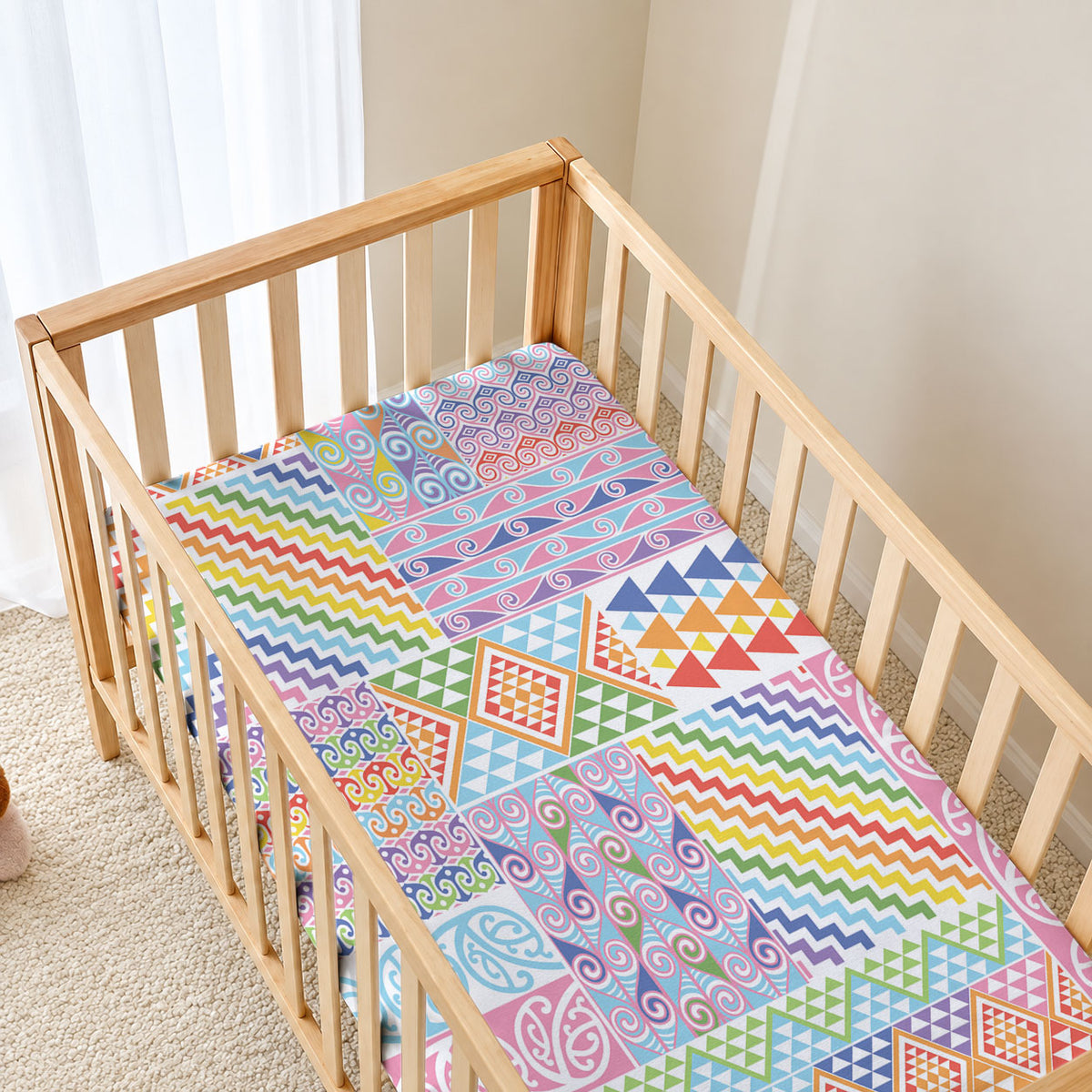 Aotearoa Kowhaiwhai Taniko Patchwork Rainbow Motifs Baby Bed Cover