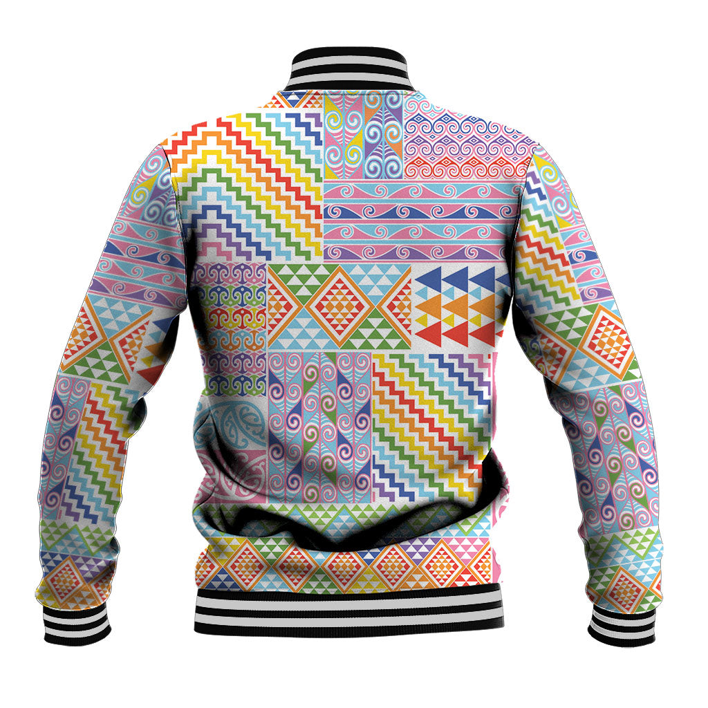 Aotearoa Kowhaiwhai Taniko Patchwork Rainbow Motifs Baseball Jacket
