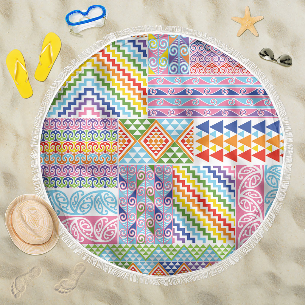Aotearoa Kowhaiwhai Taniko Patchwork Rainbow Motifs Beach Blanket
