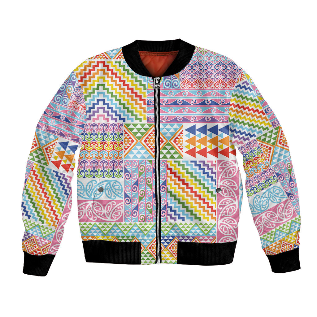 Aotearoa Kowhaiwhai Taniko Patchwork Rainbow Motifs Bomber Jacket