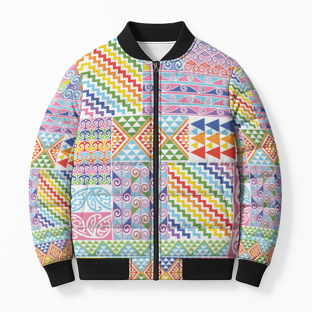 Aotearoa Kowhaiwhai Taniko Patchwork Rainbow Motifs Bomber Puffer Jacket