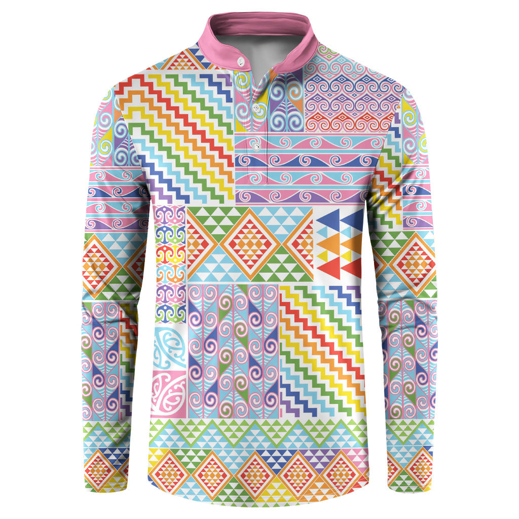 Aotearoa Kowhaiwhai Taniko Patchwork Rainbow Motifs Button Sweatshirt