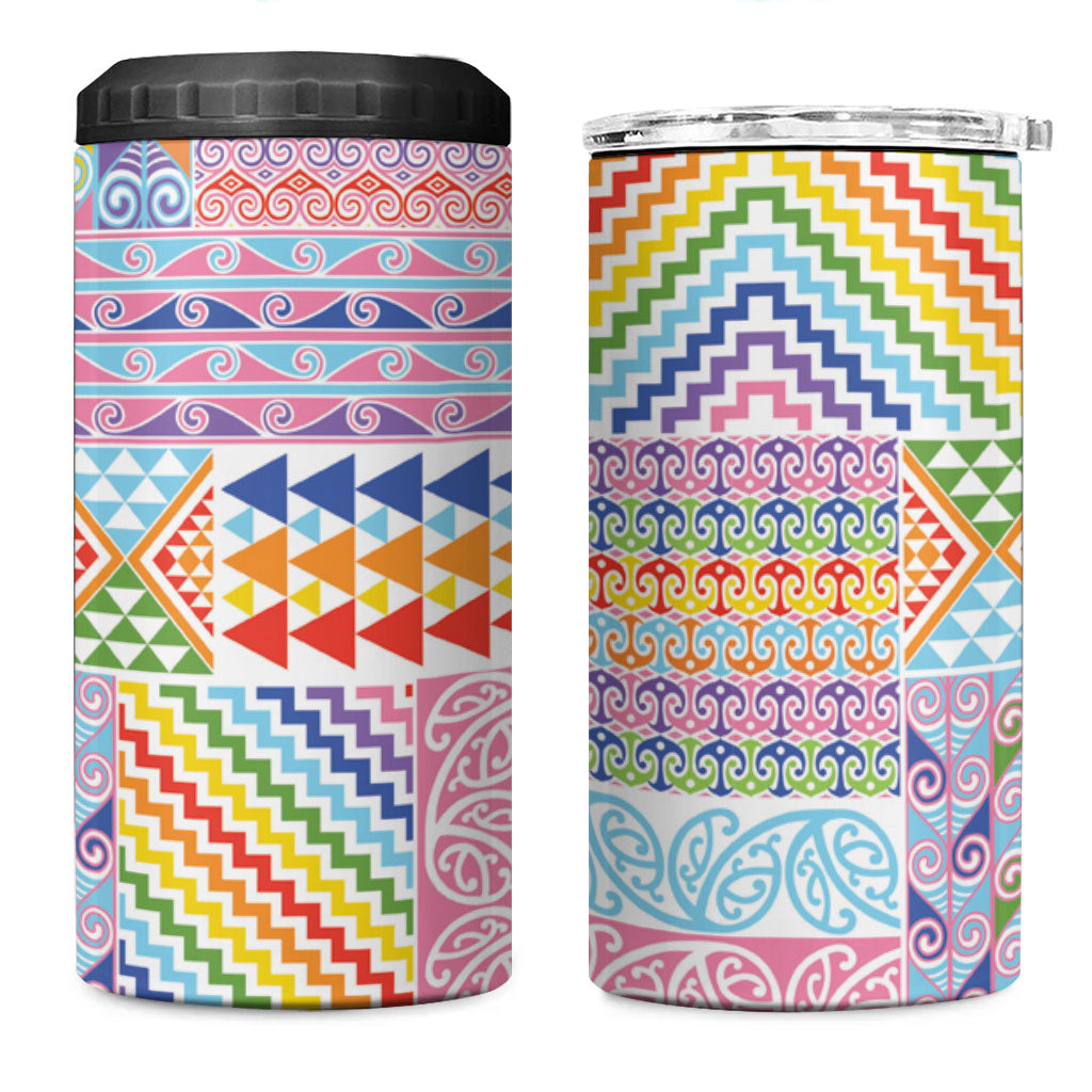 Aotearoa Kowhaiwhai Taniko Patchwork Rainbow Motifs 4 in 1 Can Cooler Tumbler