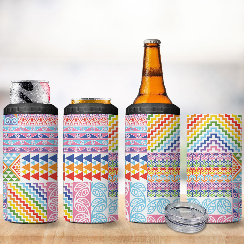 Aotearoa Kowhaiwhai Taniko Patchwork Rainbow Motifs 4 in 1 Can Cooler Tumbler