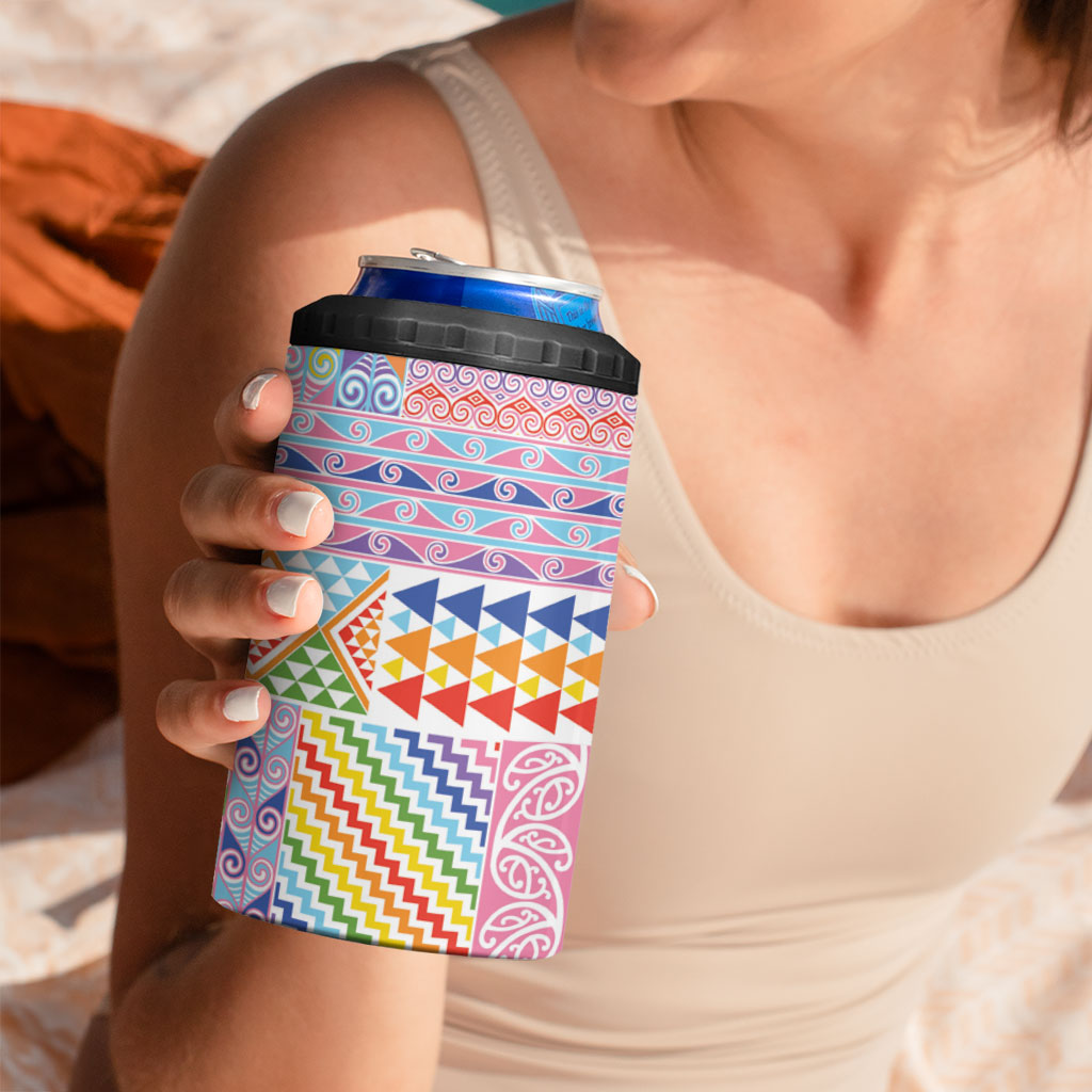 Aotearoa Kowhaiwhai Taniko Patchwork Rainbow Motifs 4 in 1 Can Cooler Tumbler