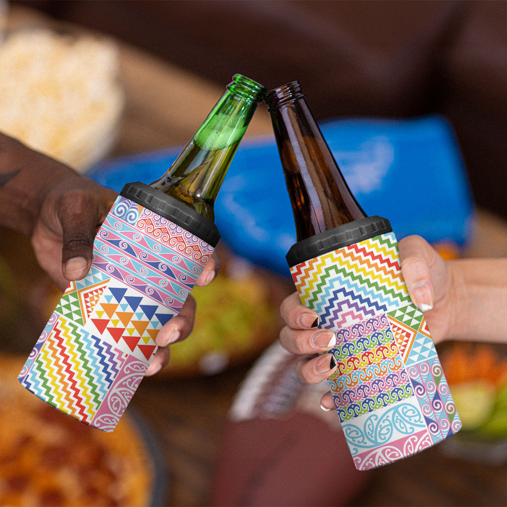 Aotearoa Kowhaiwhai Taniko Patchwork Rainbow Motifs 4 in 1 Can Cooler Tumbler