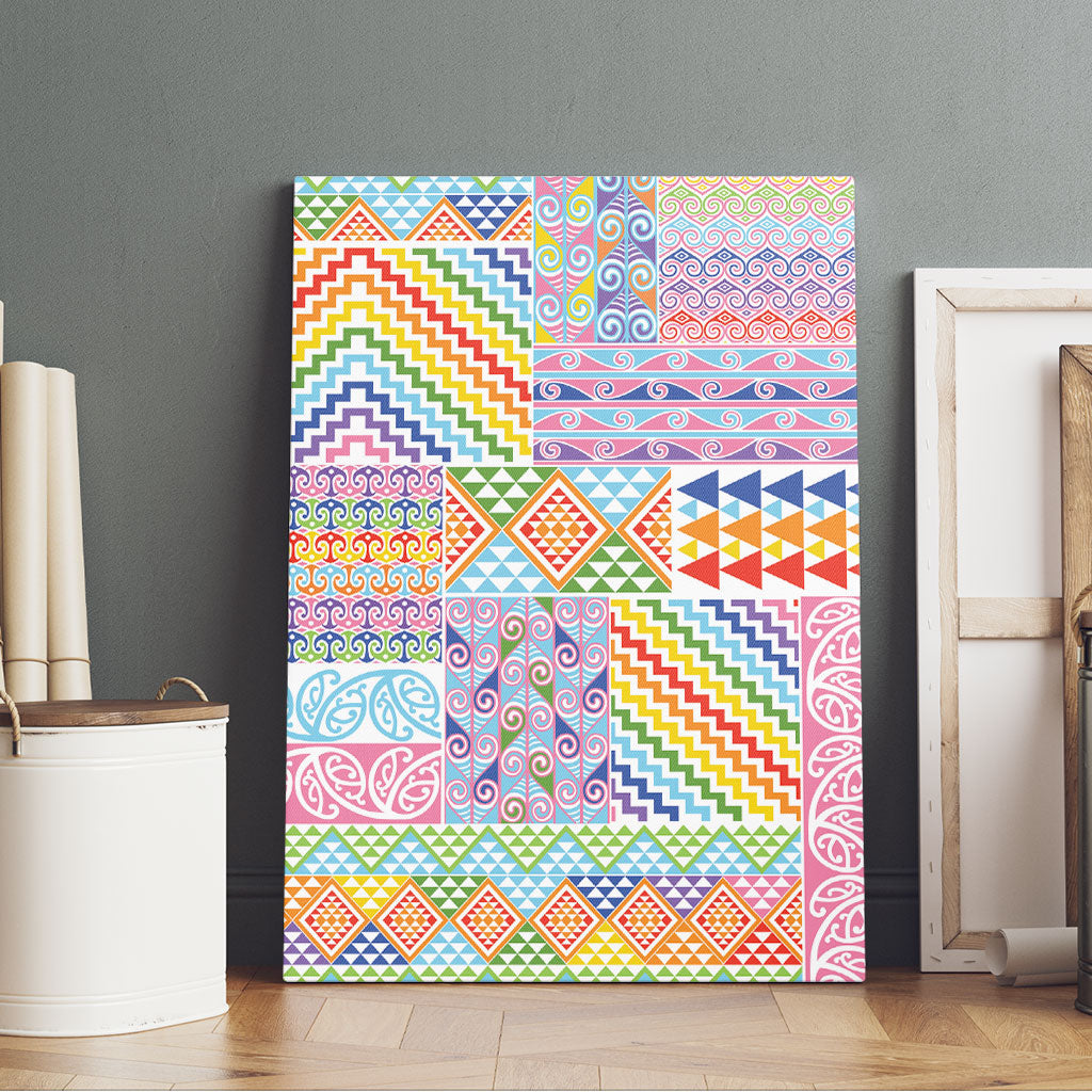Aotearoa Kowhaiwhai Taniko Patchwork Rainbow Motifs Canvas Wall Art