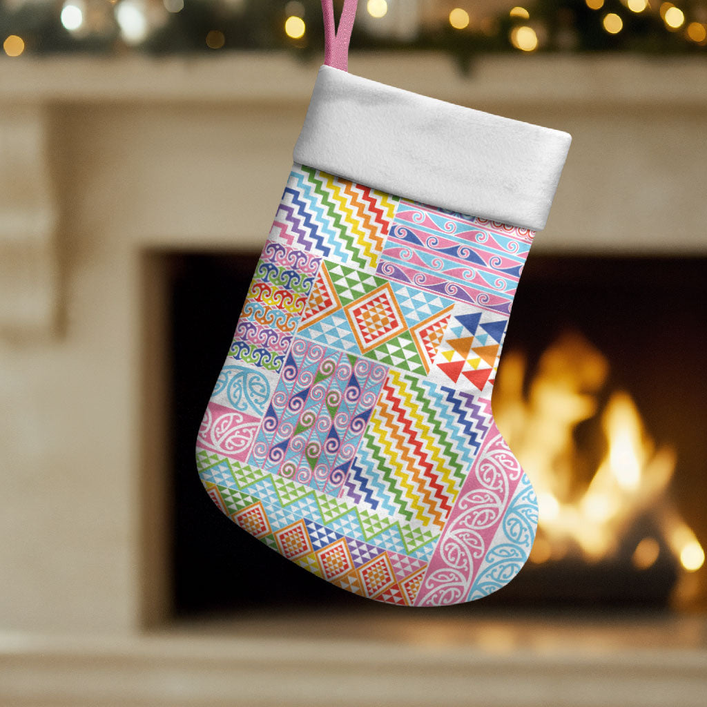 Aotearoa Kowhaiwhai Taniko Patchwork Rainbow Motifs Christmas Stocking