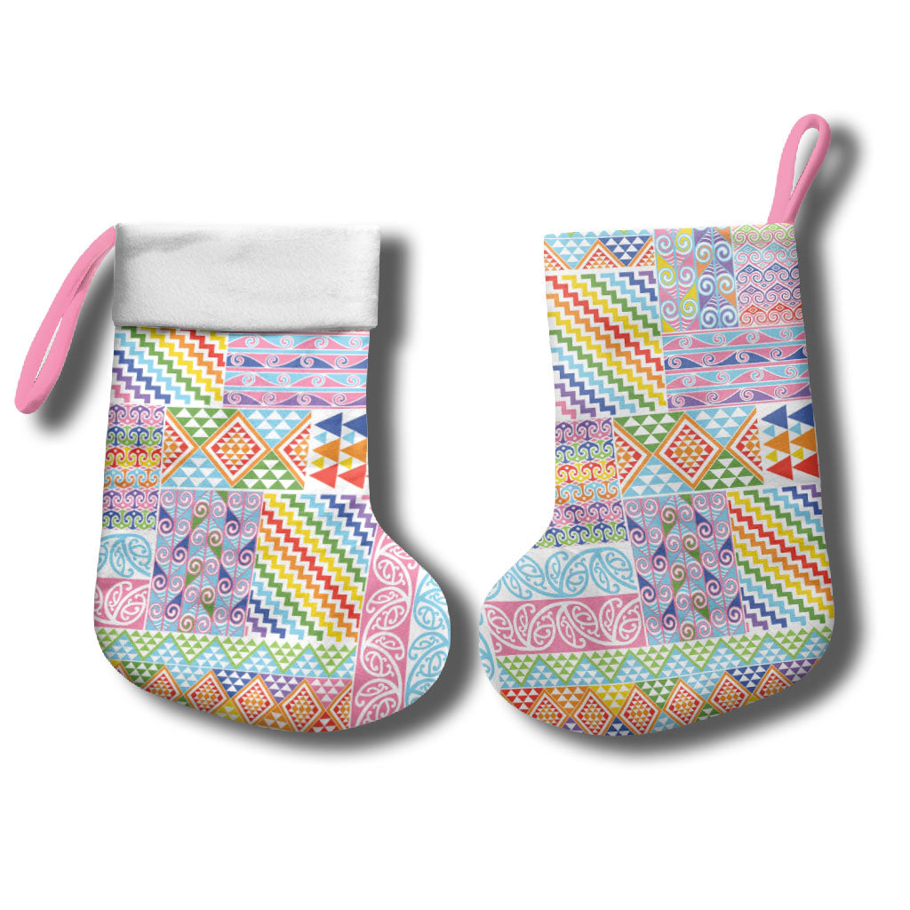 Aotearoa Kowhaiwhai Taniko Patchwork Rainbow Motifs Christmas Stocking