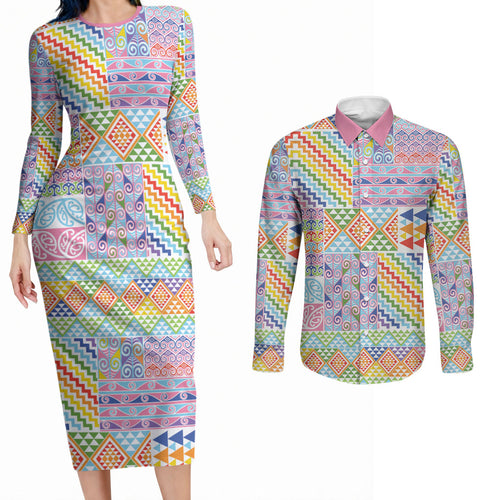 Aotearoa Kowhaiwhai Taniko Patchwork Rainbow Motifs Couples Matching Long Sleeve Bodycon Dress and Long Sleeve Button Shirt