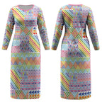 Aotearoa Kowhaiwhai Taniko Patchwork Rainbow Motifs Couples Matching Long Sleeve Bodycon Dress and Long Sleeve Button Shirt