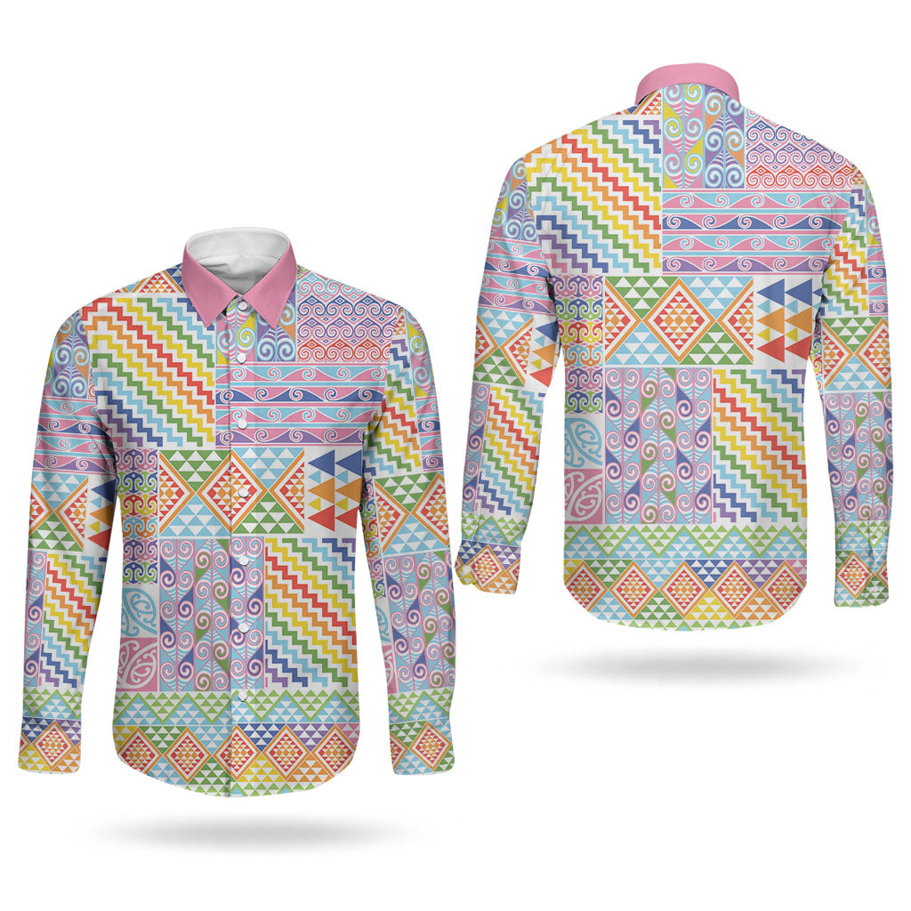 Aotearoa Kowhaiwhai Taniko Patchwork Rainbow Motifs Couples Matching Mermaid Dress and Long Sleeve Button Shirt