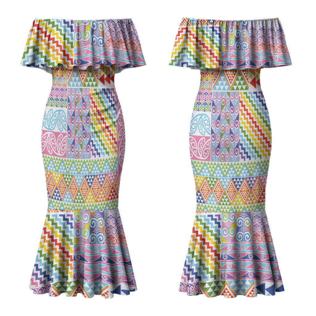Aotearoa Kowhaiwhai Taniko Patchwork Rainbow Motifs Couples Matching Mermaid Dress and Long Sleeve Button Shirt