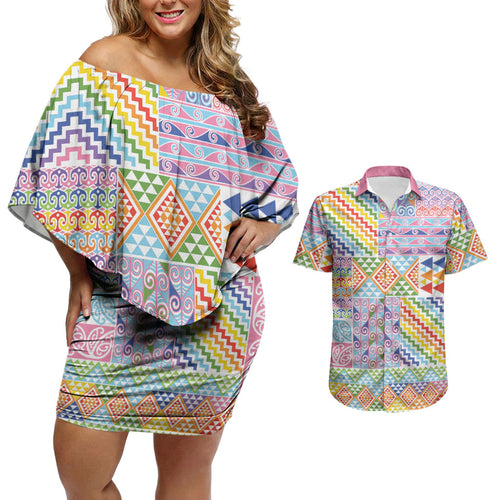Aotearoa Kowhaiwhai Taniko Patchwork Rainbow Motifs Couples Matching Off Shoulder Short Dress and Hawaiian Shirt