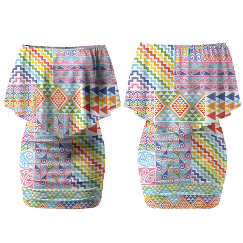 Aotearoa Kowhaiwhai Taniko Patchwork Rainbow Motifs Couples Matching Off Shoulder Short Dress and Hawaiian Shirt