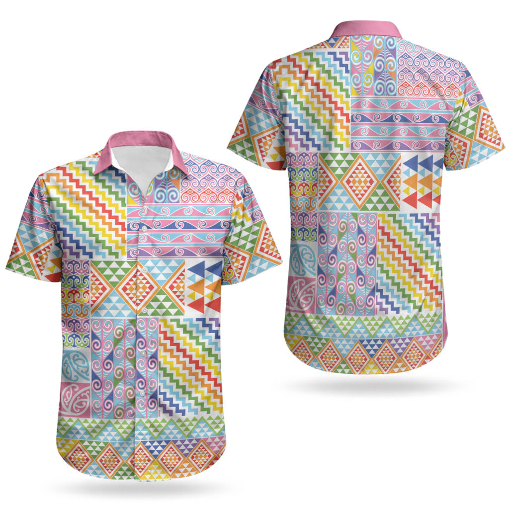 Aotearoa Kowhaiwhai Taniko Patchwork Rainbow Motifs Couples Matching Summer Maxi Dress and Hawaiian Shirt