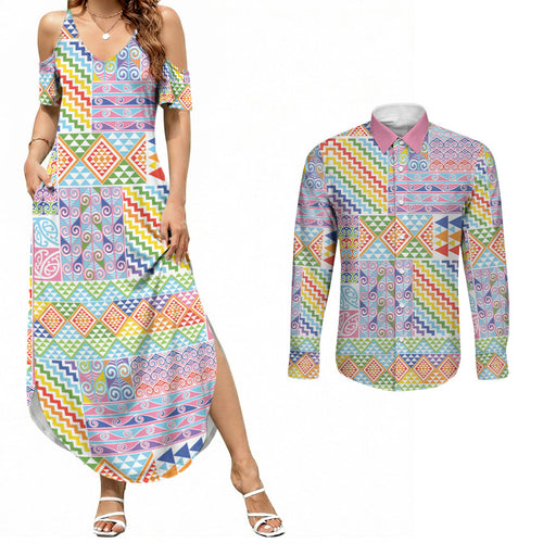 Aotearoa Kowhaiwhai Taniko Patchwork Rainbow Motifs Couples Matching Summer Maxi Dress and Long Sleeve Button Shirt