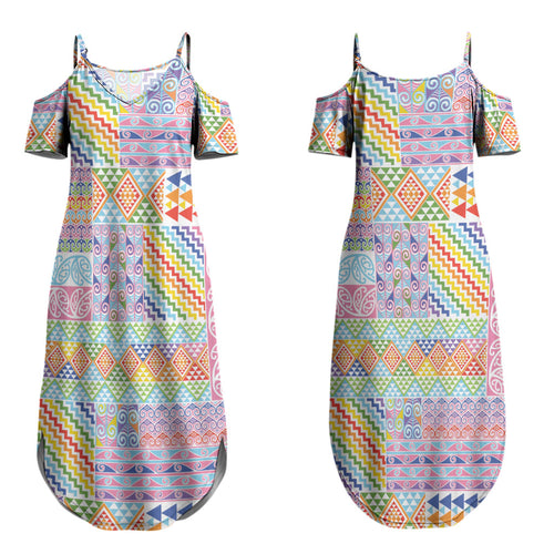 Aotearoa Kowhaiwhai Taniko Patchwork Rainbow Motifs Couples Matching Summer Maxi Dress and Long Sleeve Button Shirt