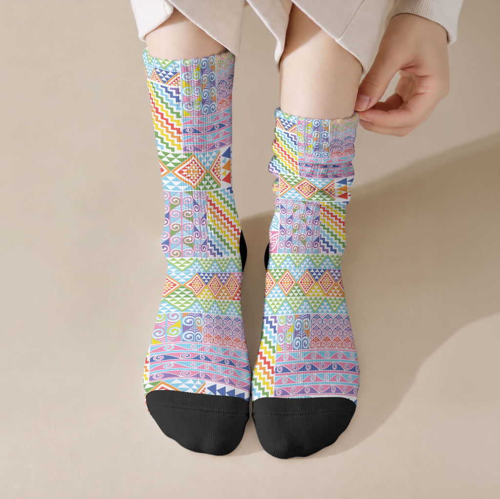 Aotearoa Kowhaiwhai Taniko Patchwork Rainbow Motifs Crew Socks