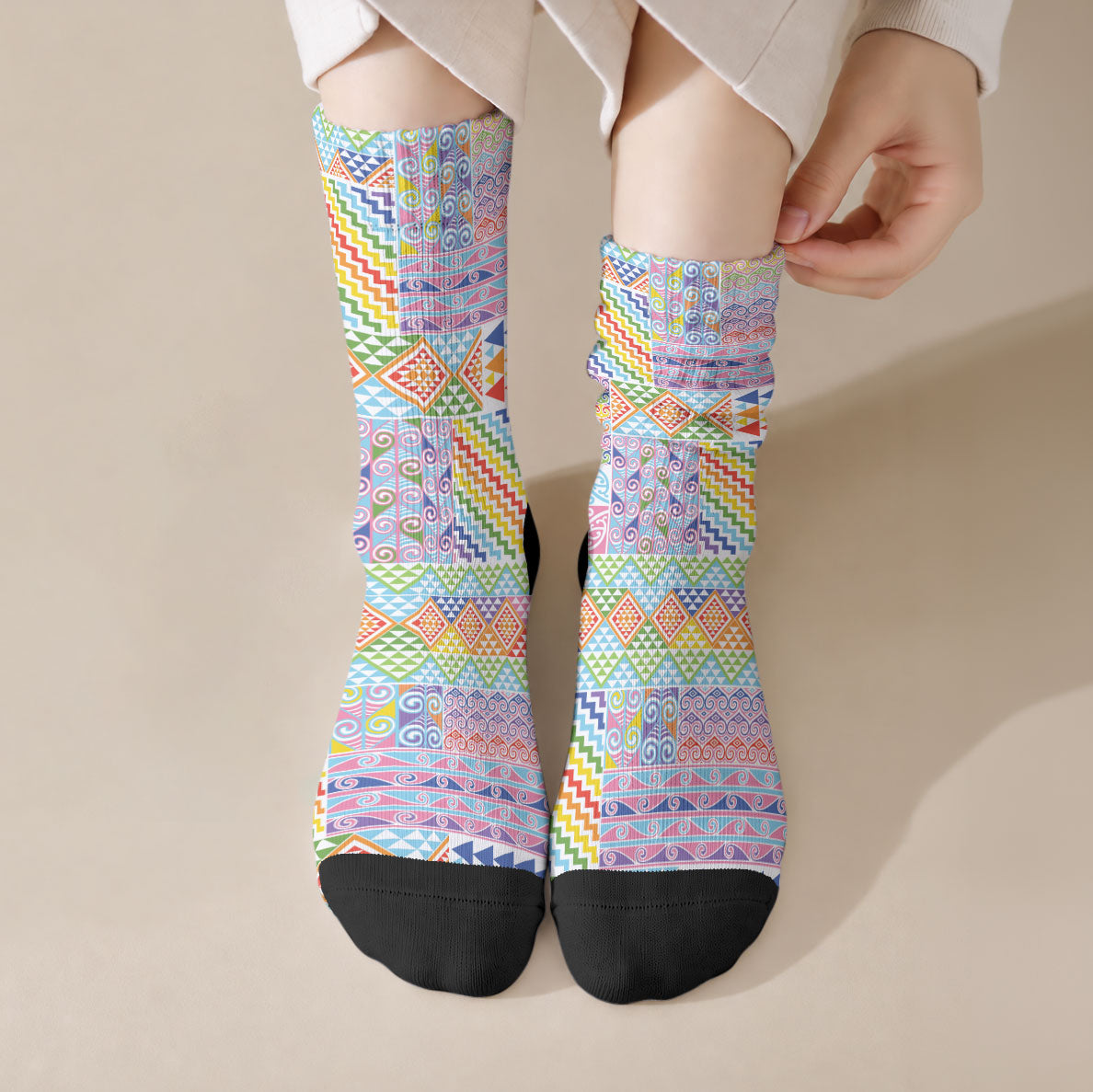 Aotearoa Kowhaiwhai Taniko Patchwork Rainbow Motifs Crew Socks