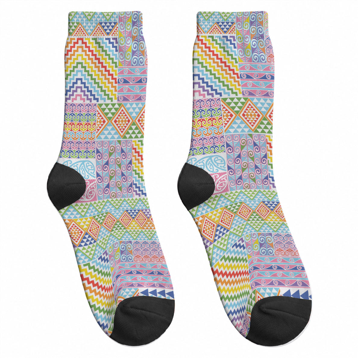 Aotearoa Kowhaiwhai Taniko Patchwork Rainbow Motifs Crew Socks