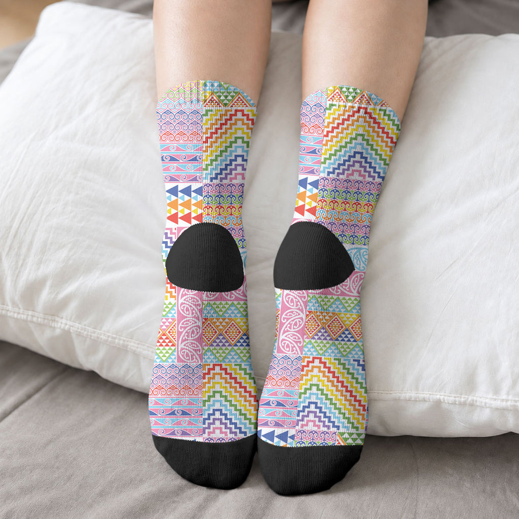 Aotearoa Kowhaiwhai Taniko Patchwork Rainbow Motifs Crew Socks