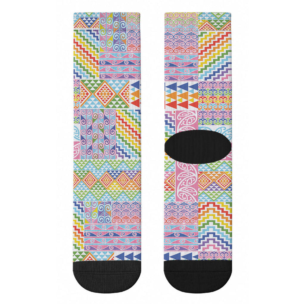 Aotearoa Kowhaiwhai Taniko Patchwork Rainbow Motifs Crew Socks