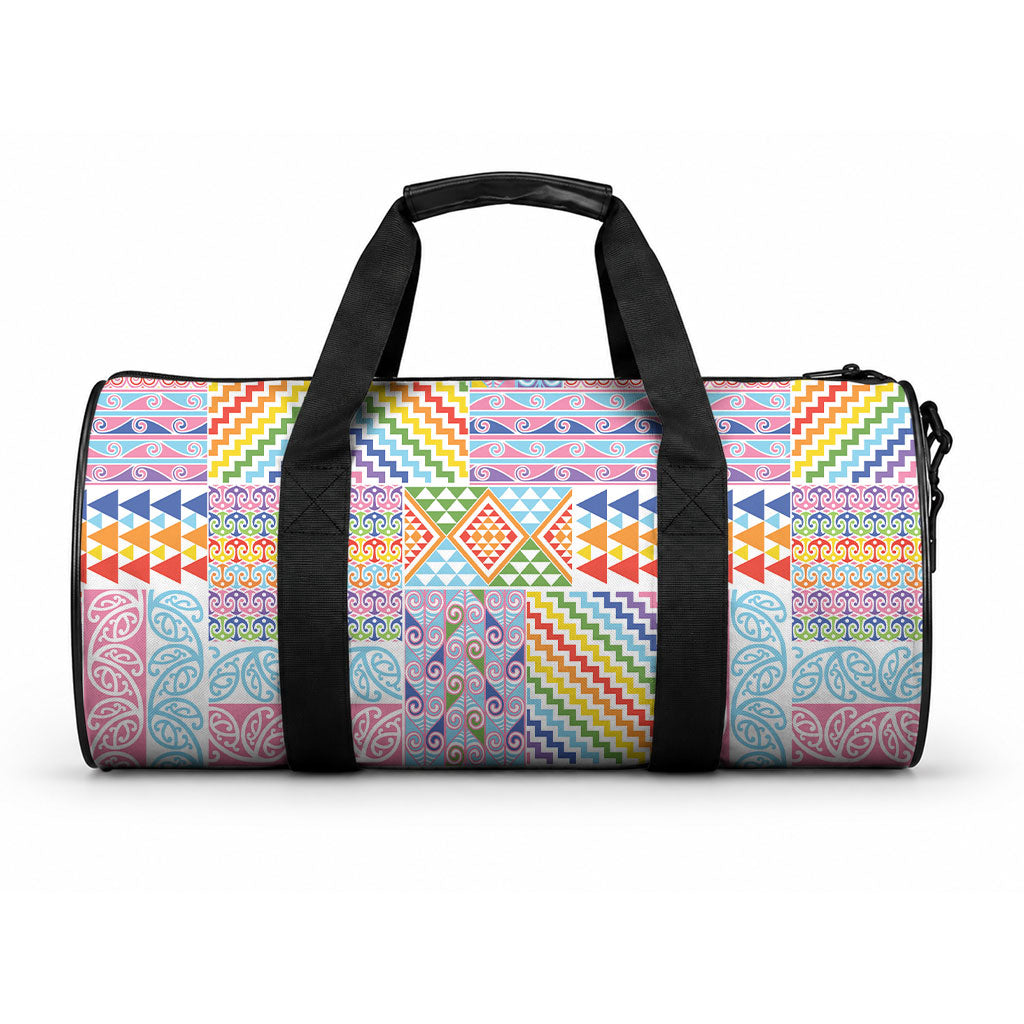 Aotearoa Kowhaiwhai Taniko Patchwork Rainbow Motifs Duffle Bag