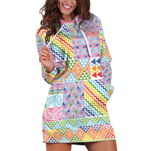 Aotearoa Kowhaiwhai Taniko Patchwork Rainbow Motifs Hoodie Dress