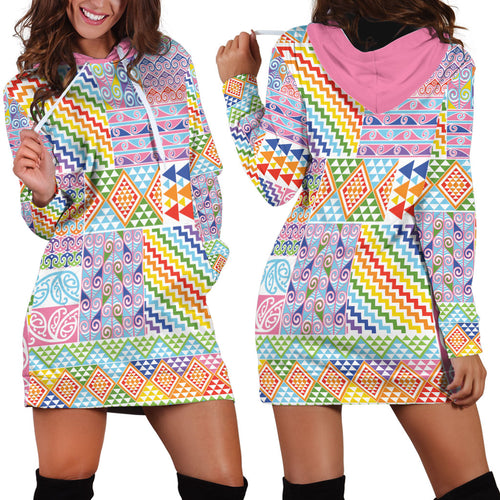 Aotearoa Kowhaiwhai Taniko Patchwork Rainbow Motifs Hoodie Dress